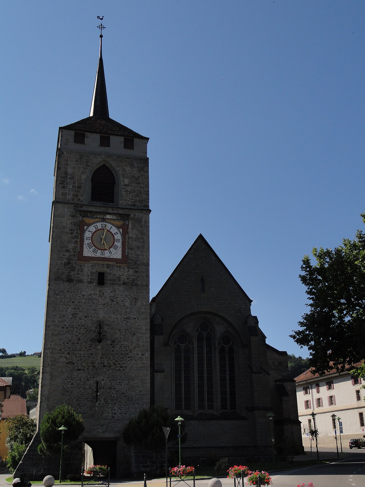 Clocher et étage des cloches du Temple St-Etienne de Moudon, abats-son